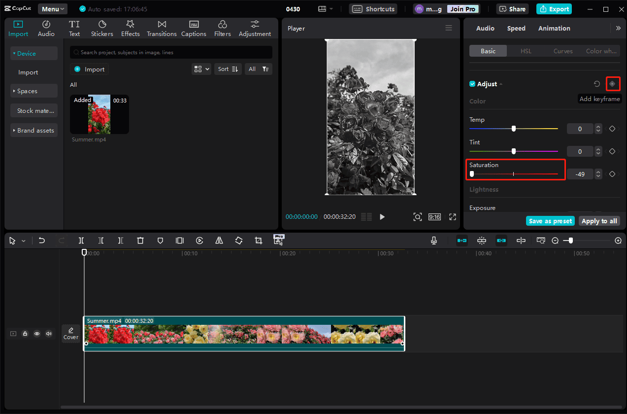 Make the video black and white in CapCut