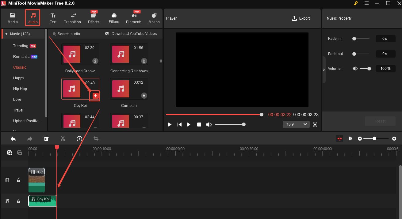 Click Audio and choose your desired music and add it to the timeline