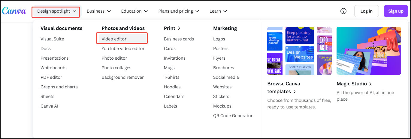 Click Design Spotlight in the top menu bar and select Video Editor from the list