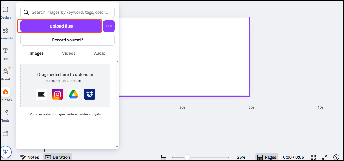 Select the Upload files button located in the left-top corner to add the video to the platform