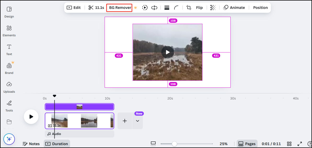 Click BG Remover in the toolbar to remove the video background in Canva