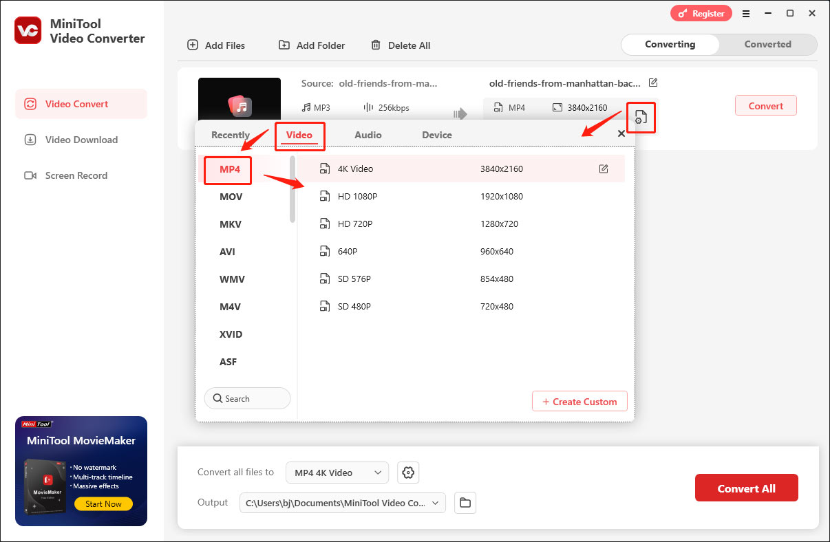 Set the output format in MiniTool Video Converter