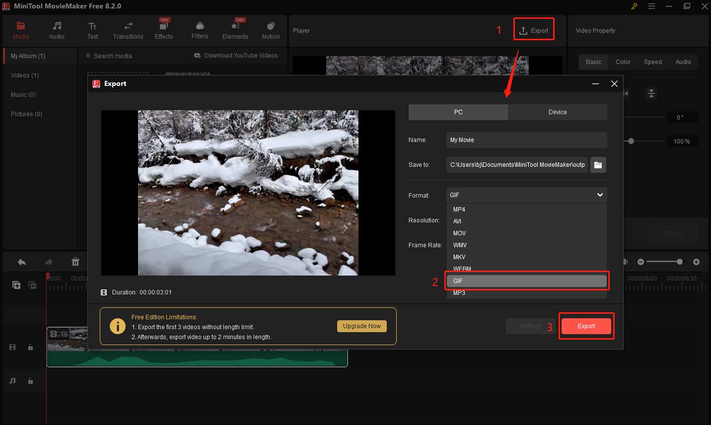 Choose GIF as the export format in MiniTool MovieMaker