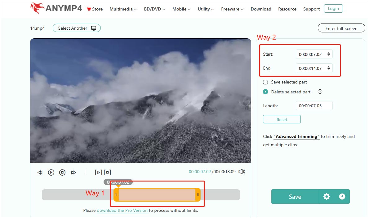 Cut video in AnyMP4 Video Trimmer Online