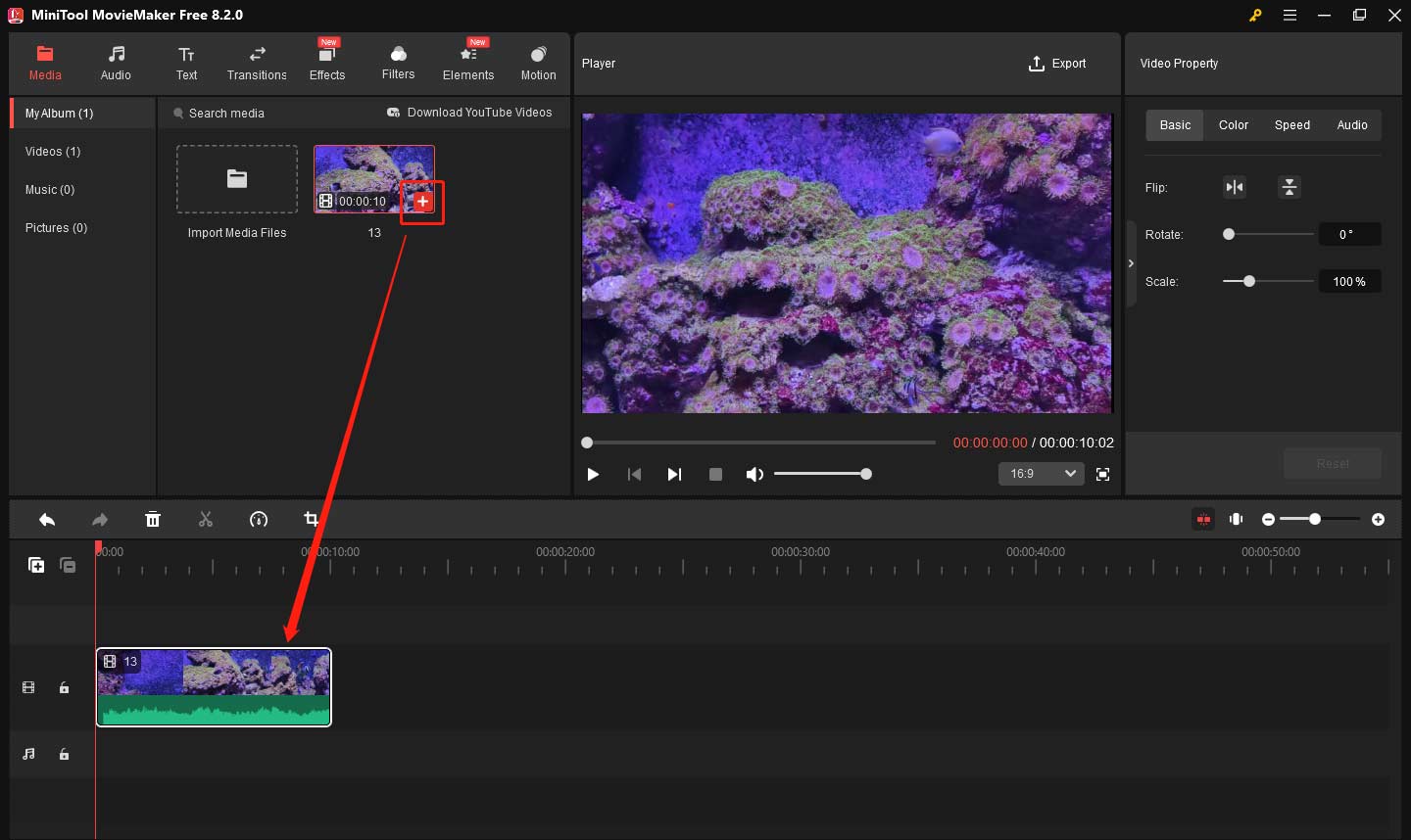 Click the plus icon to import the video to the timeline in MiniTool MovieMaker