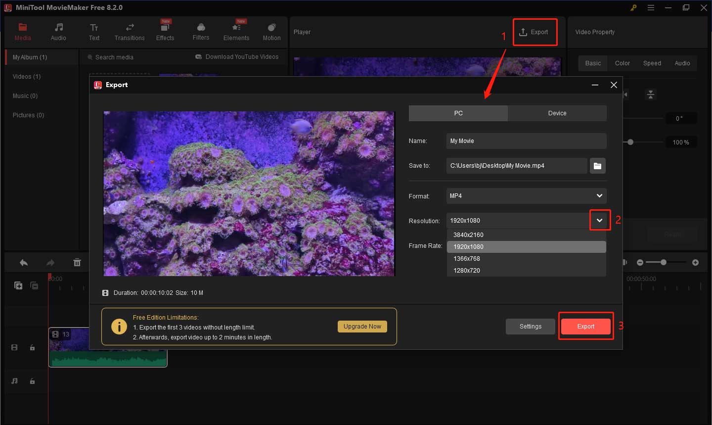 Change the video resolution in the output window