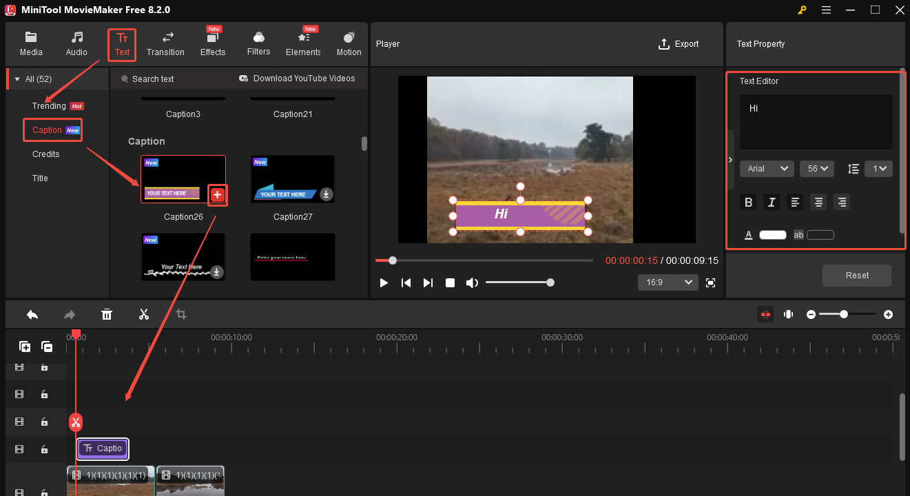 Choose Caption under Text, click the + icon of the target caption to add it to the timeline, and go to Text Editor to add and edit your captions