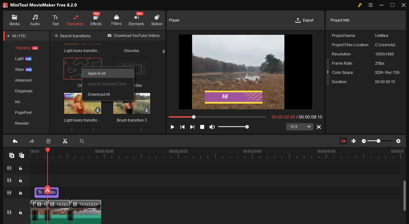 Right-click on the desired transition and select Apply to all