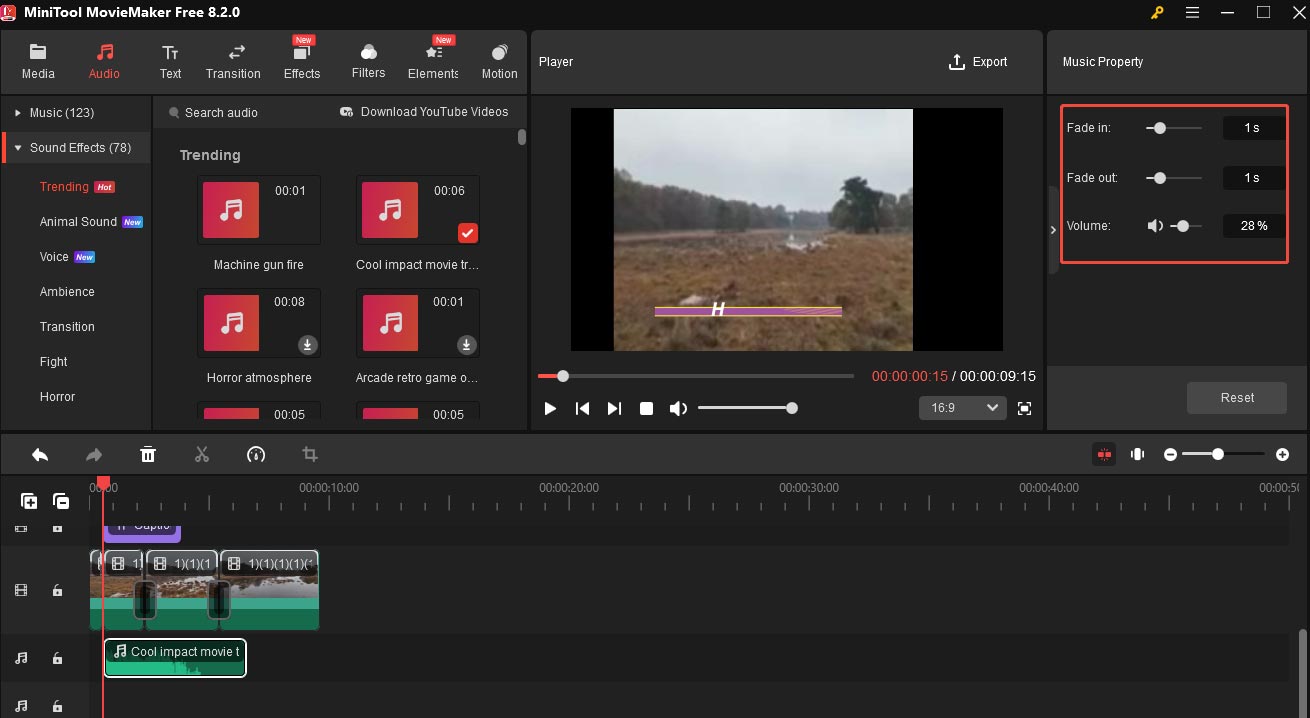 Apply the fade in/out effect and adjust the volume by dragging the slider or entering a number in the corresponding box