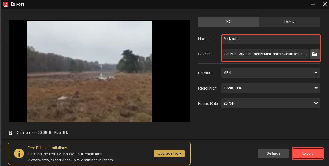 Give a name to the video, choose a folder to save it, and click Export to export it