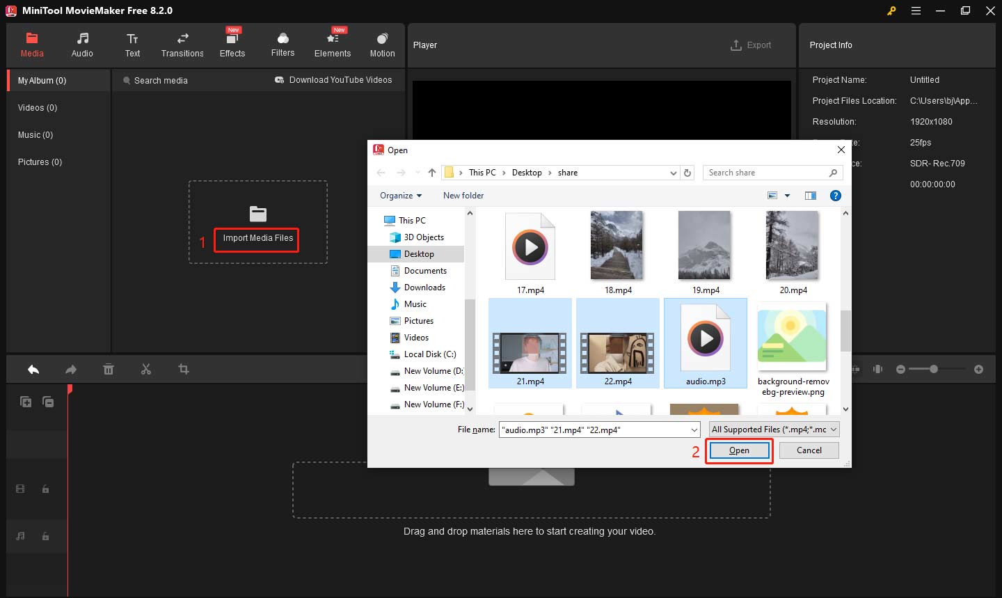 Import video and audio files to the media library in MiniTool MovieMaker