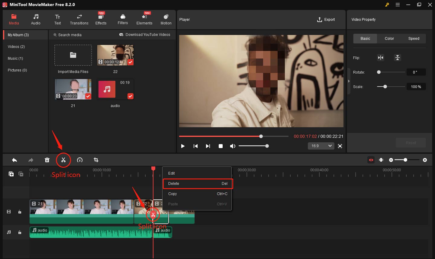 Delete the unwanted middle part in MiniTool MovieMaker