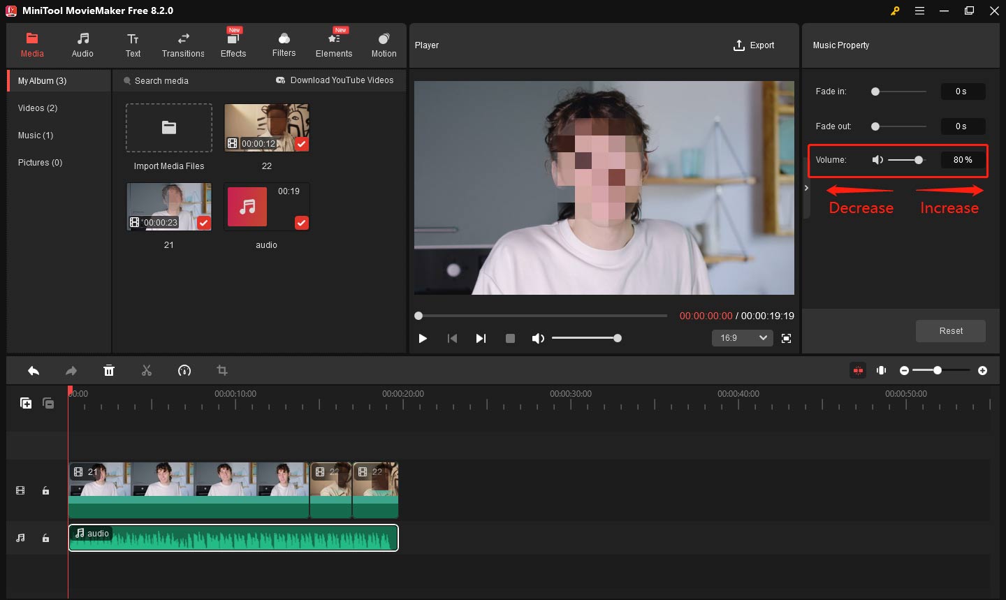 Adjust the audio’s volume in MiniTool MovieMaker