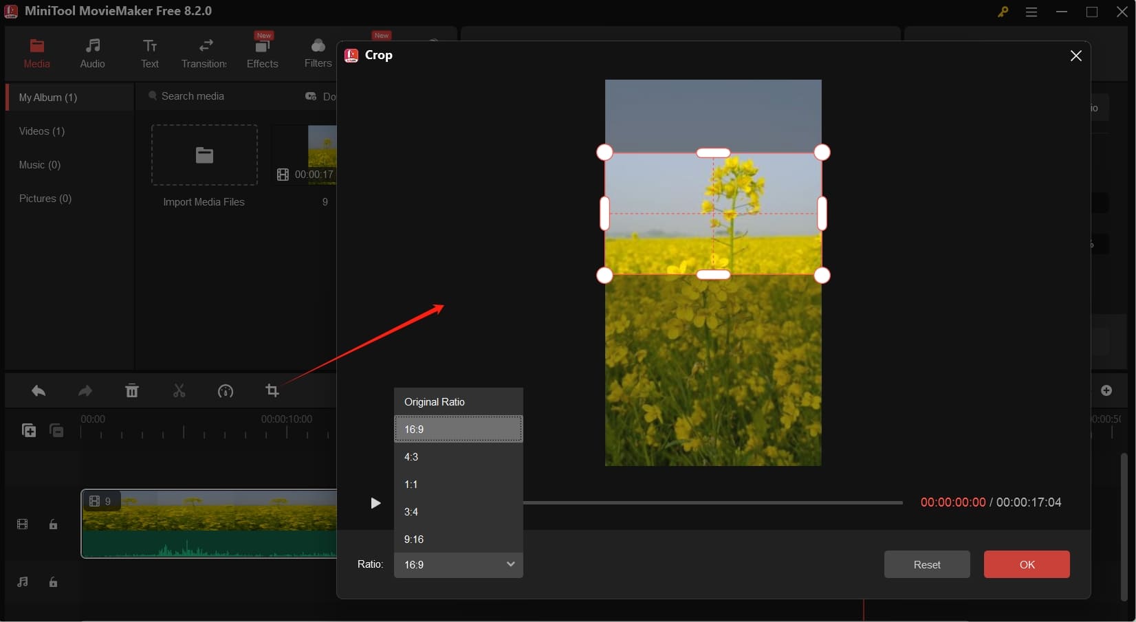Crop the video to landscape in MiniTool MovieMaker