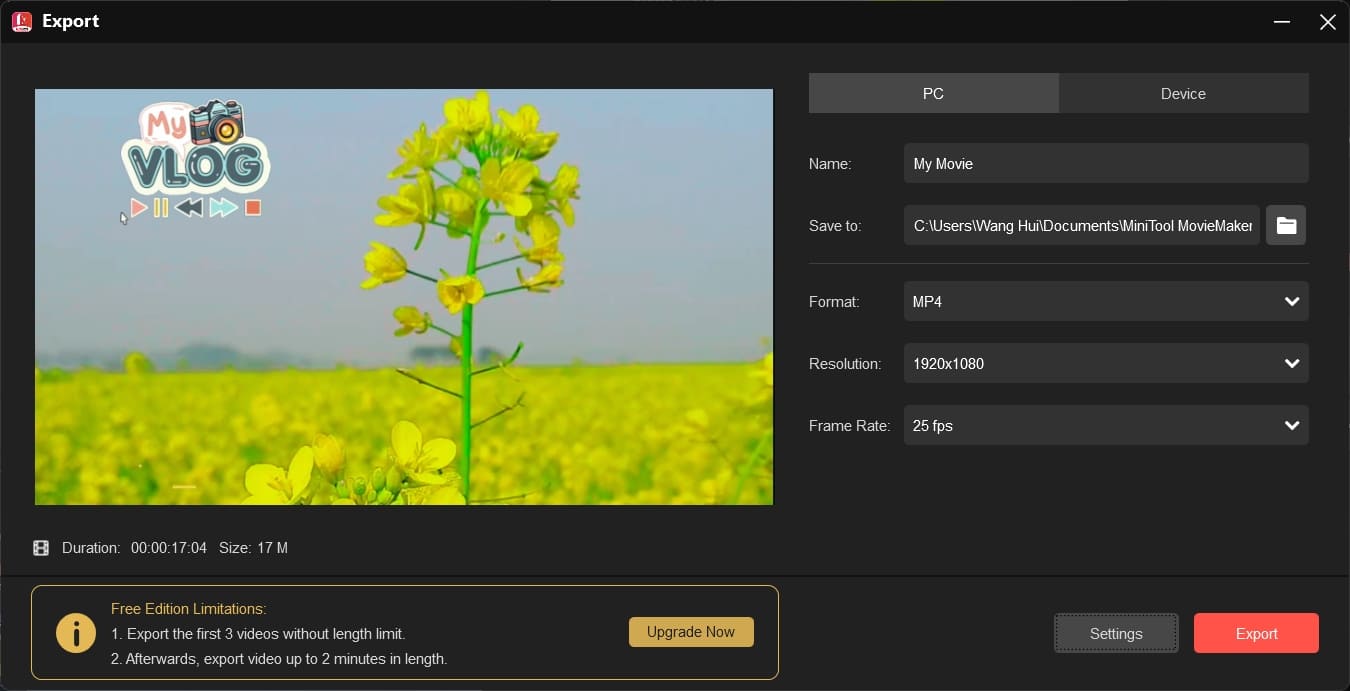 Export video from MiniTool MovieMaker