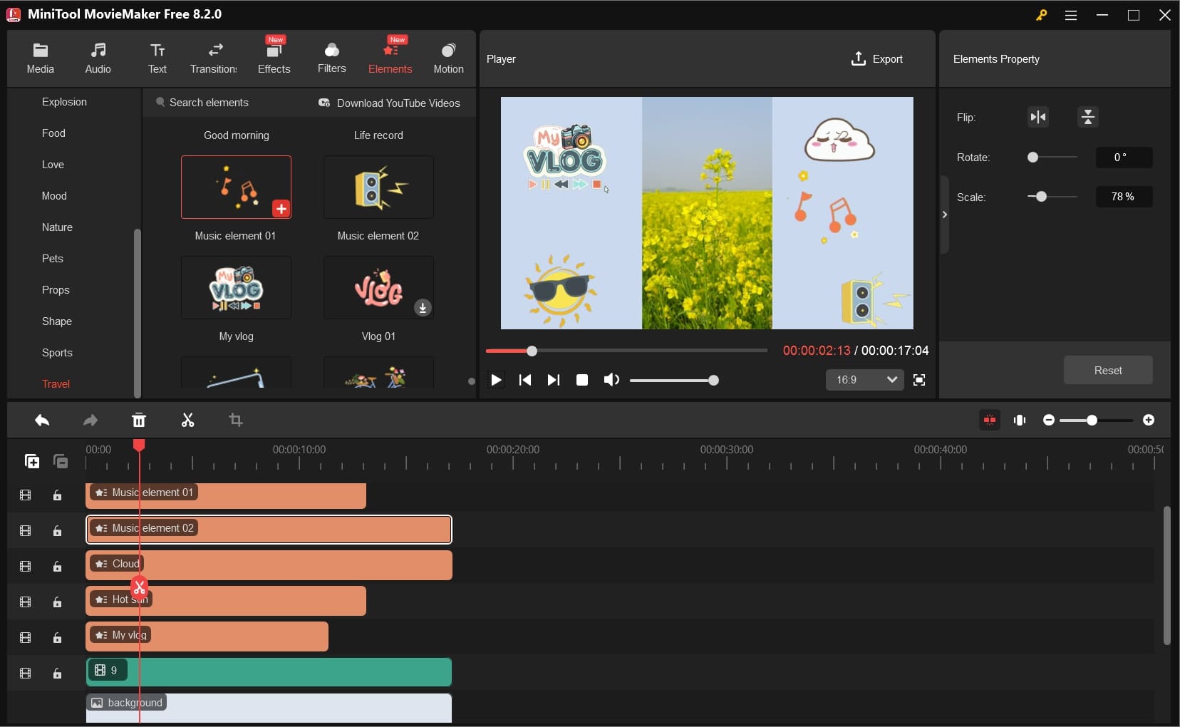 Decorate the background with animated stickers in MiniTool MovieMaker