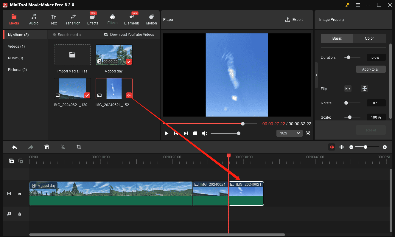 Click the + icon to add the footage to the timeline