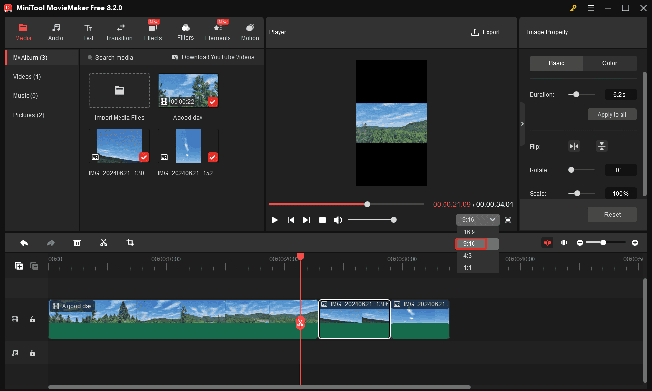 Set aspect ratio to 9:16 in MiniTool MovieMaker