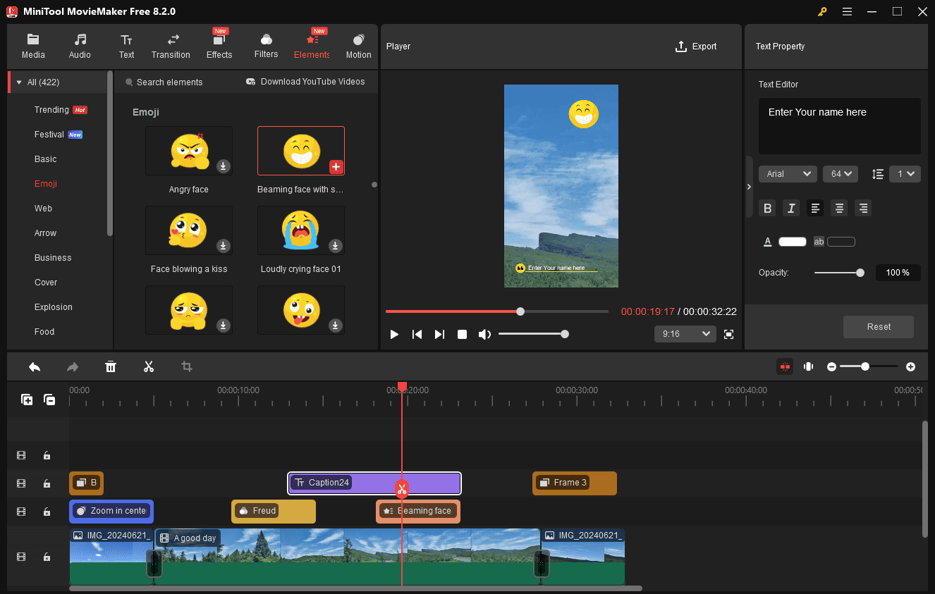Add captions and stickers in MiniTool MovieMaker