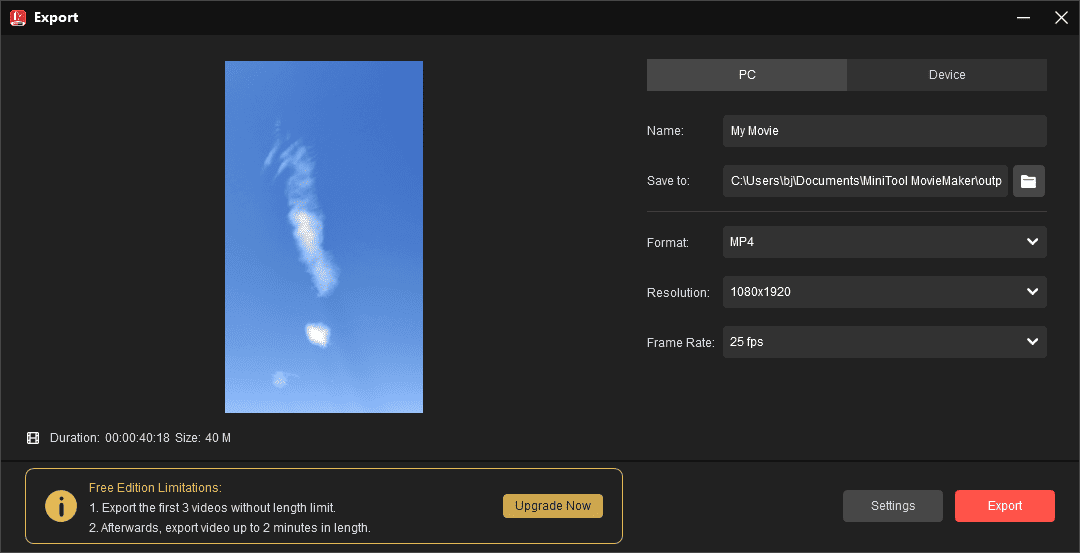 Export video from MiniTool MovieMaker