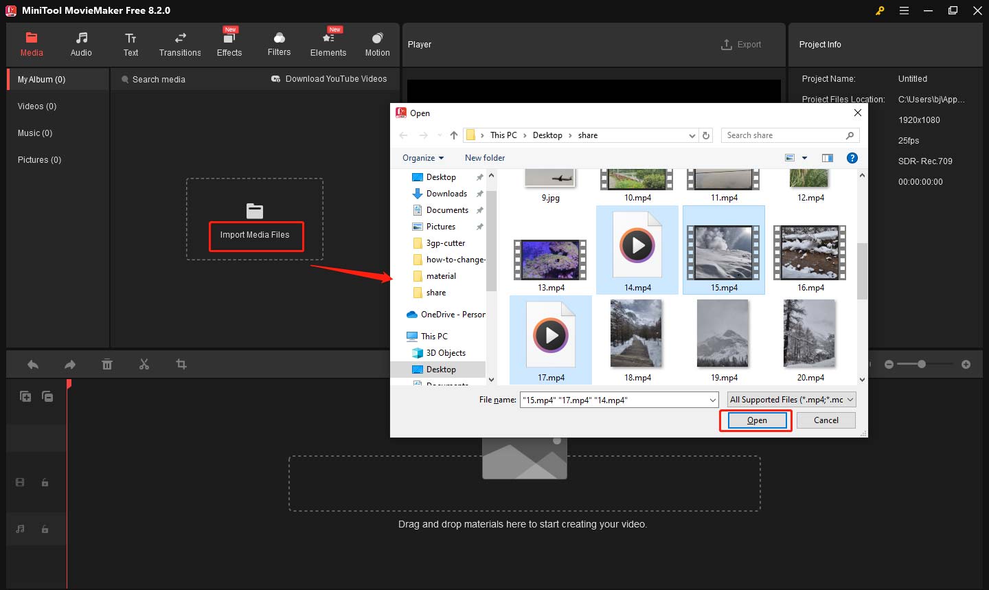 Import video to the media library in MiniTool MovieMaker