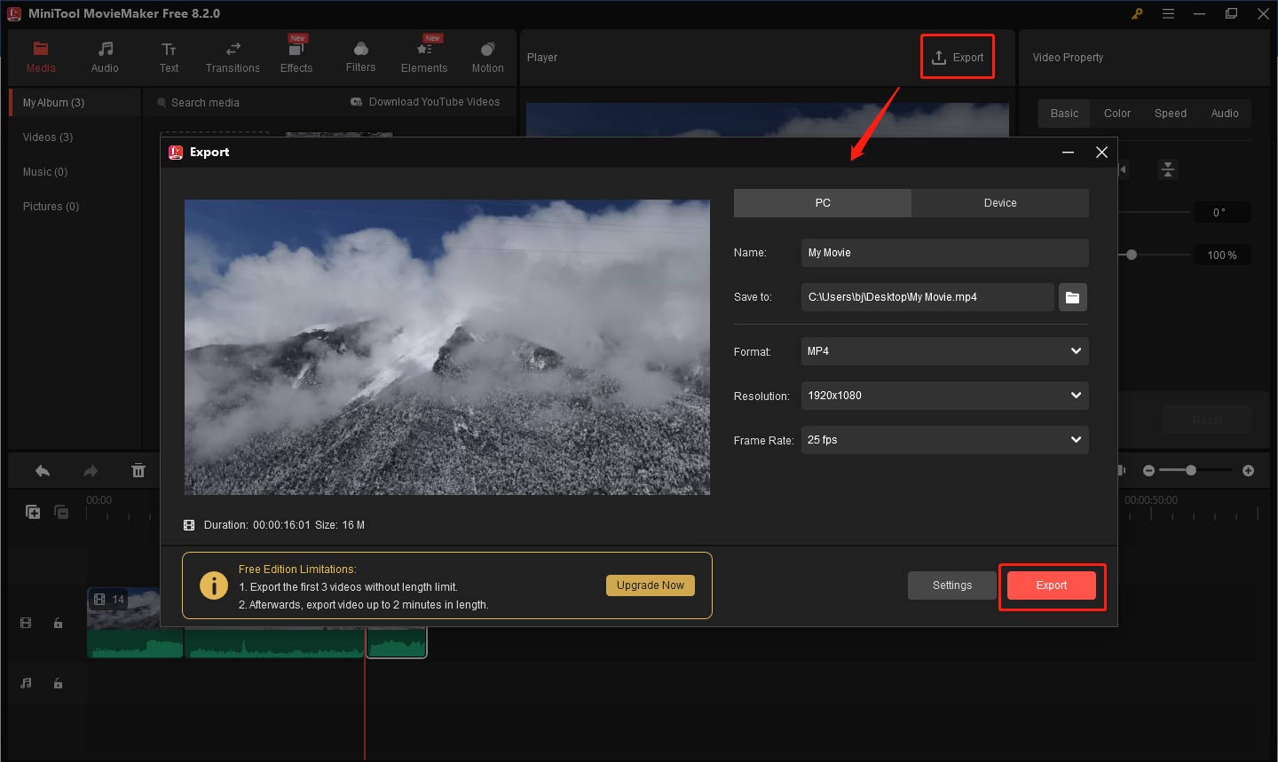 Export video from MiniTool MovieMaker