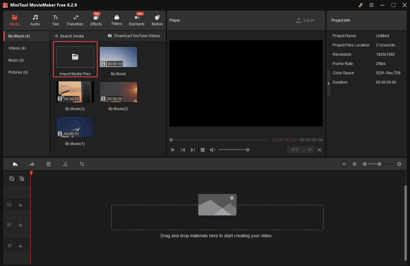 MiniTool MovieMakerに4つの動画をインポート
