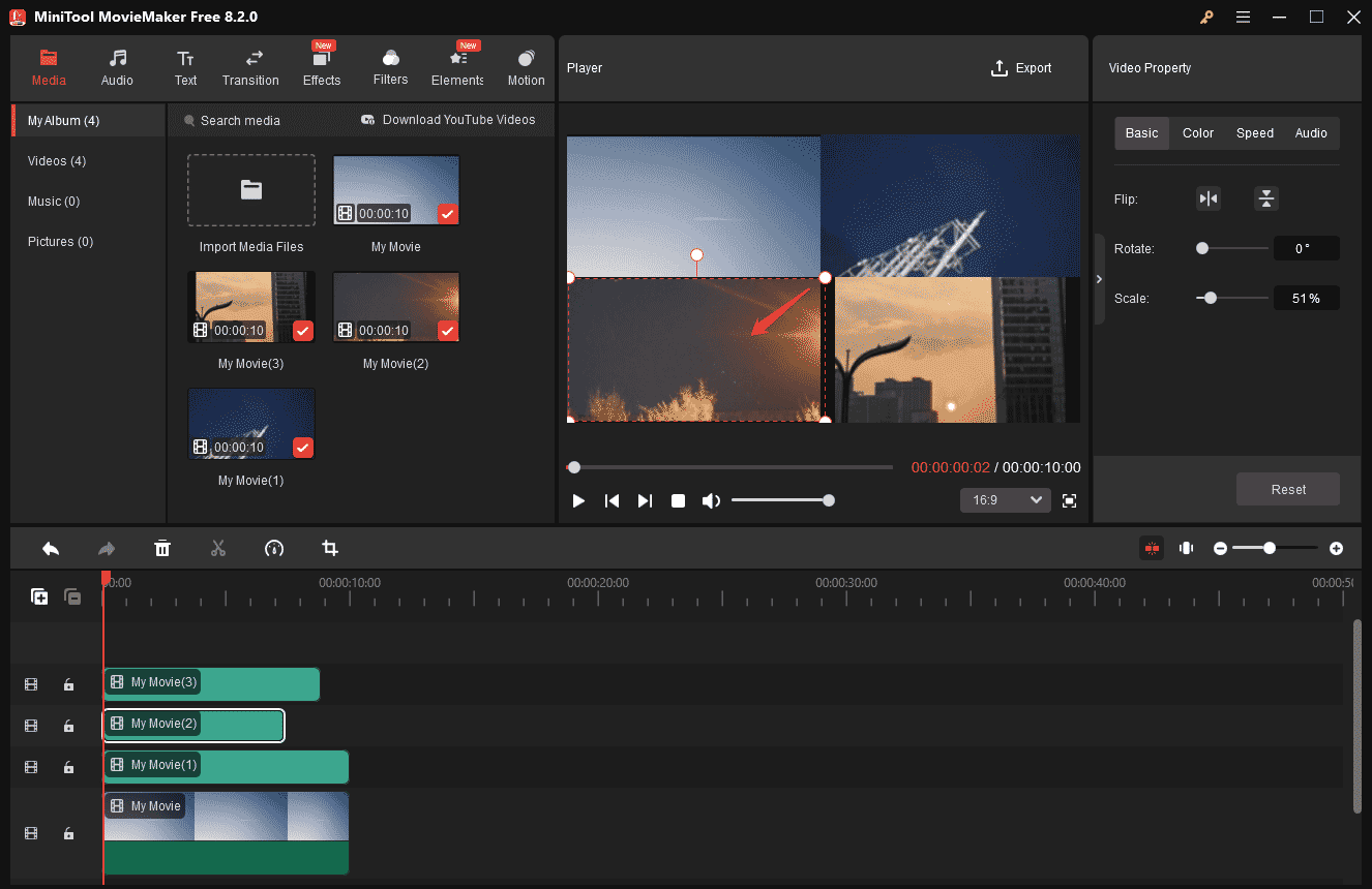 MiniTool MovieMakerで4つの動画を1つのフレームに配置