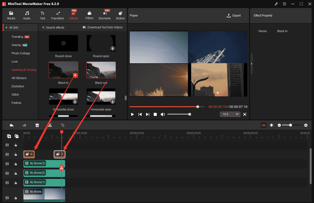 MiniTool MovieMakerで「Effects」タブを選択して動画にエフェクトをオーバーレイ