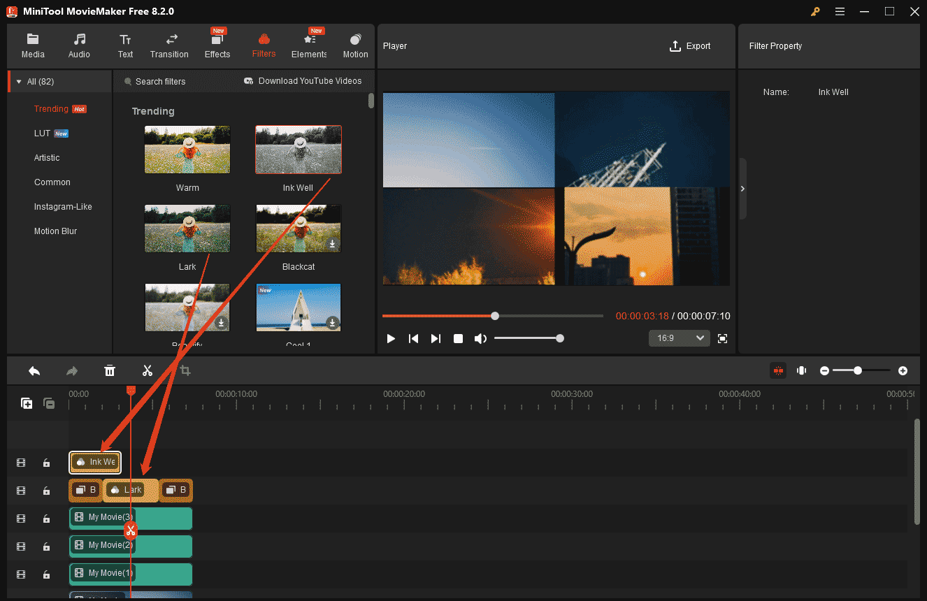 MiniTool MovieMakerで「Filters」タブを選択して動画にフィルターを追加
