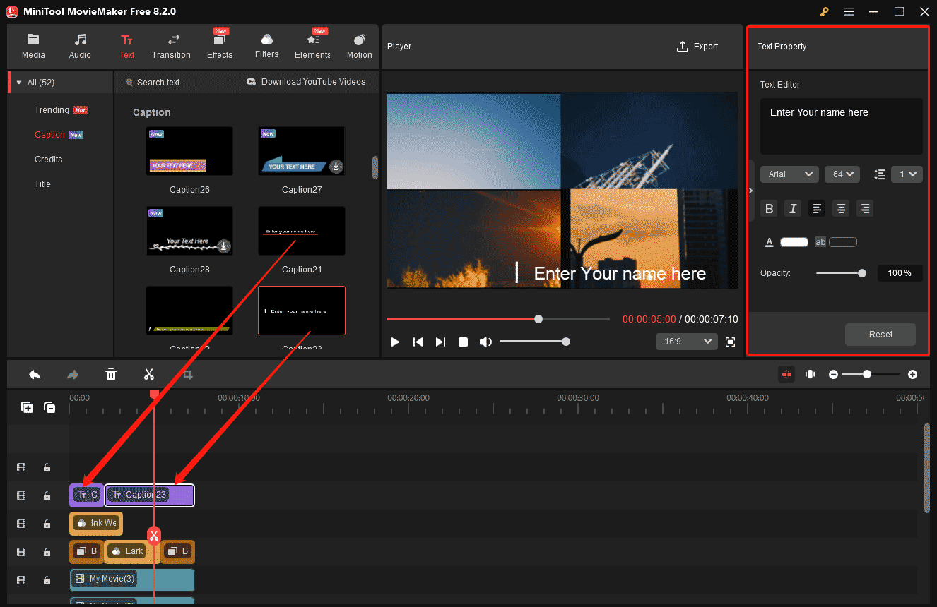 MiniTool MovieMakerでキャプションを追加