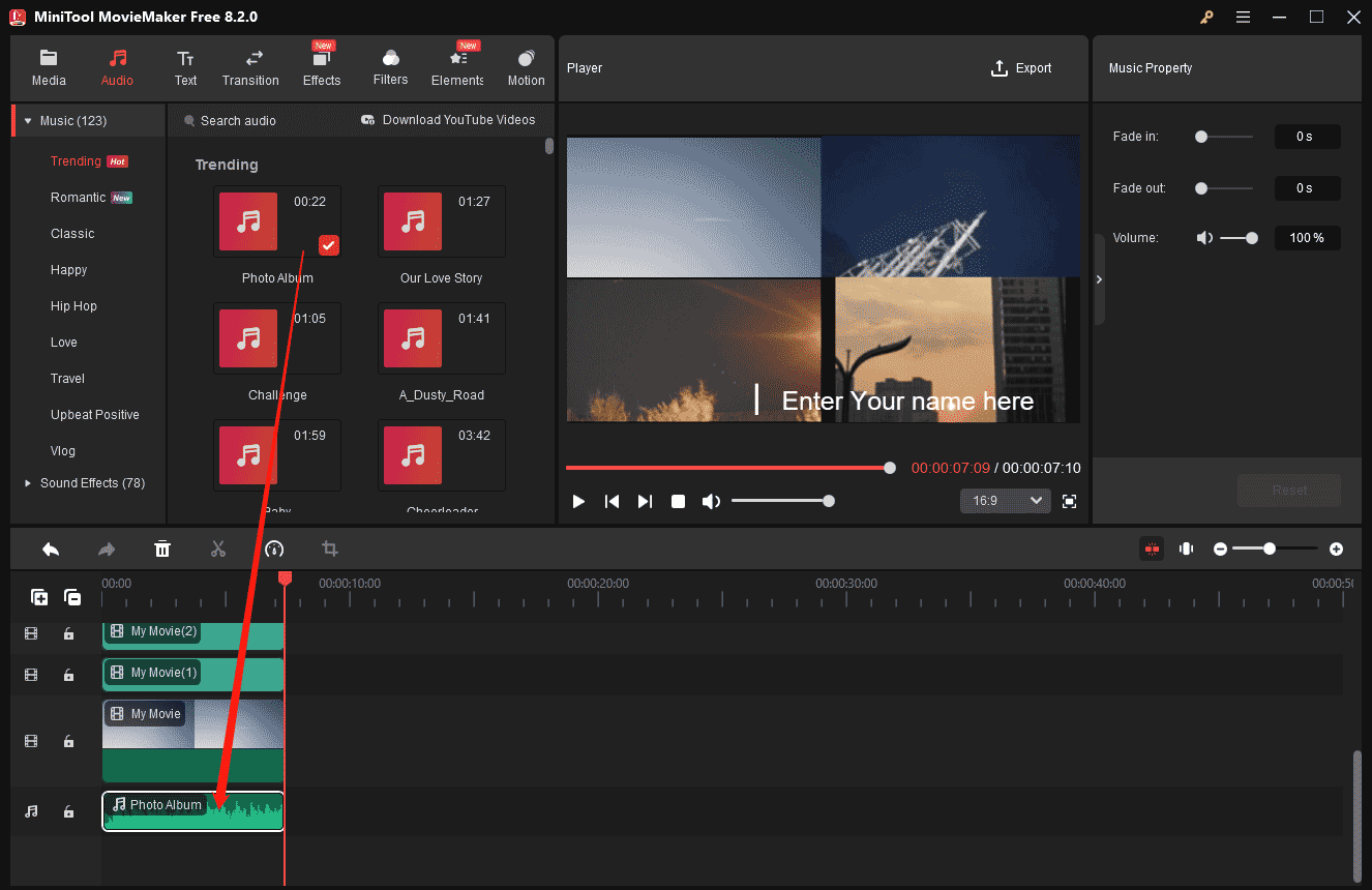 MiniTool MovieMakerで動画にオーディオを追加