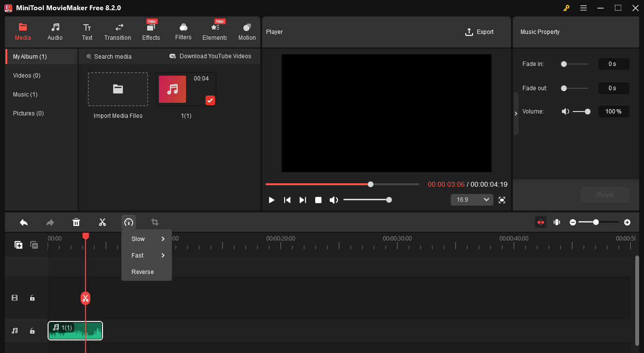 Click the speed icon and choose reverse from the list