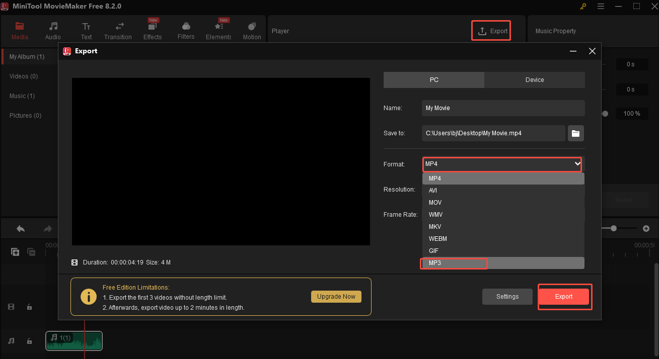 Click Export, expand the Format option, choose MP3, and click the red Export button