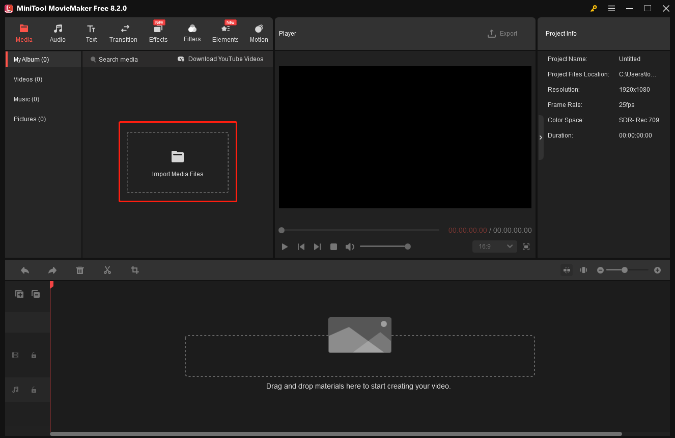 MiniTool MovieMakerで「Import Media Files」をクリックして回転したい動画をインポート