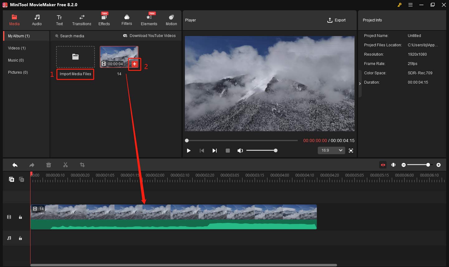 Import video to the media library and add it to the timeline in MiniTool MovieMaker