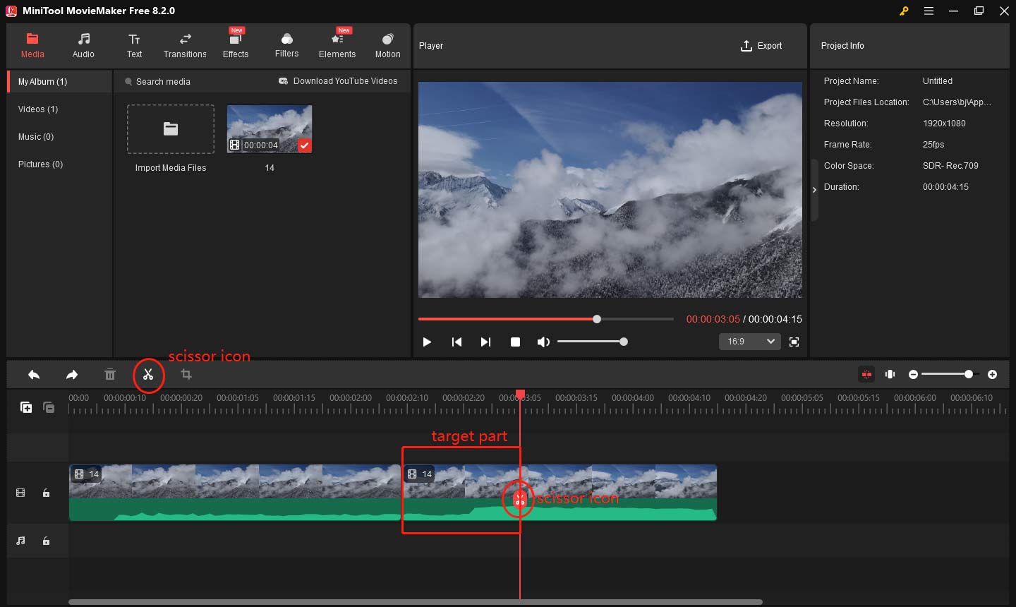 Use the split feature to isolate the part that needs to be slowed down in MiniTool MovieMaker