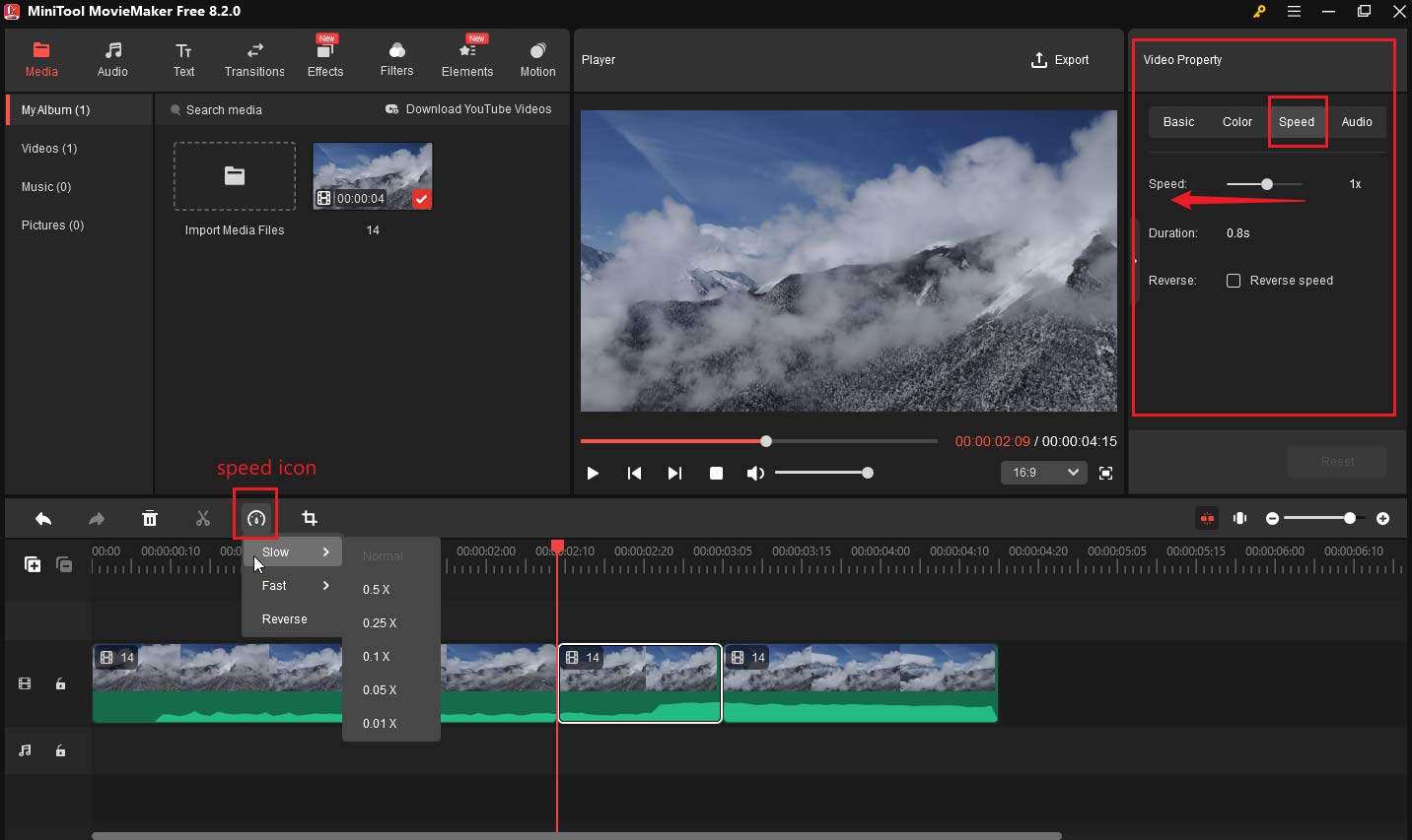 Slow down the target part in MiniTool MovieMaker