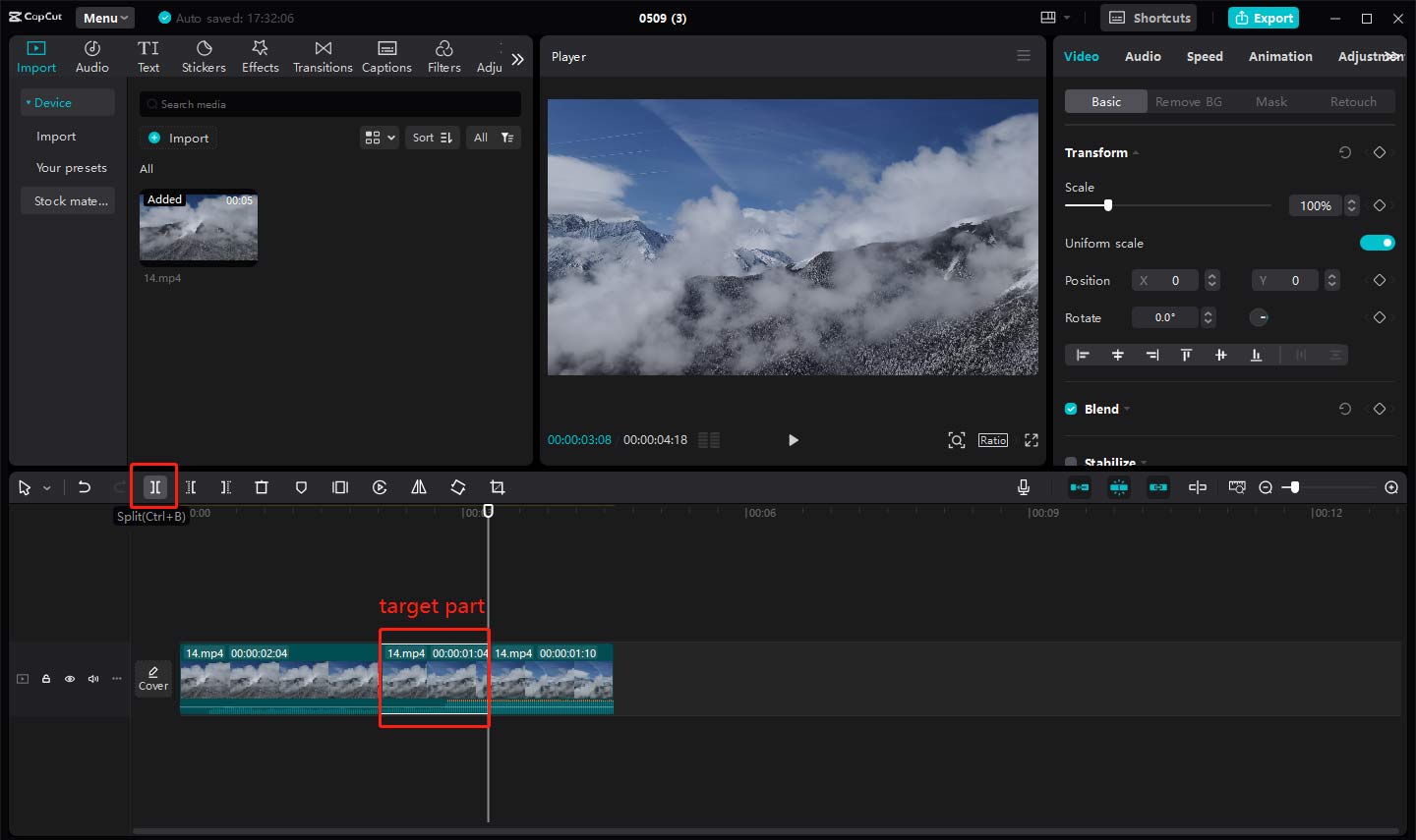 Use the split feature to isolate the part that needs to be slowed down in CapCut