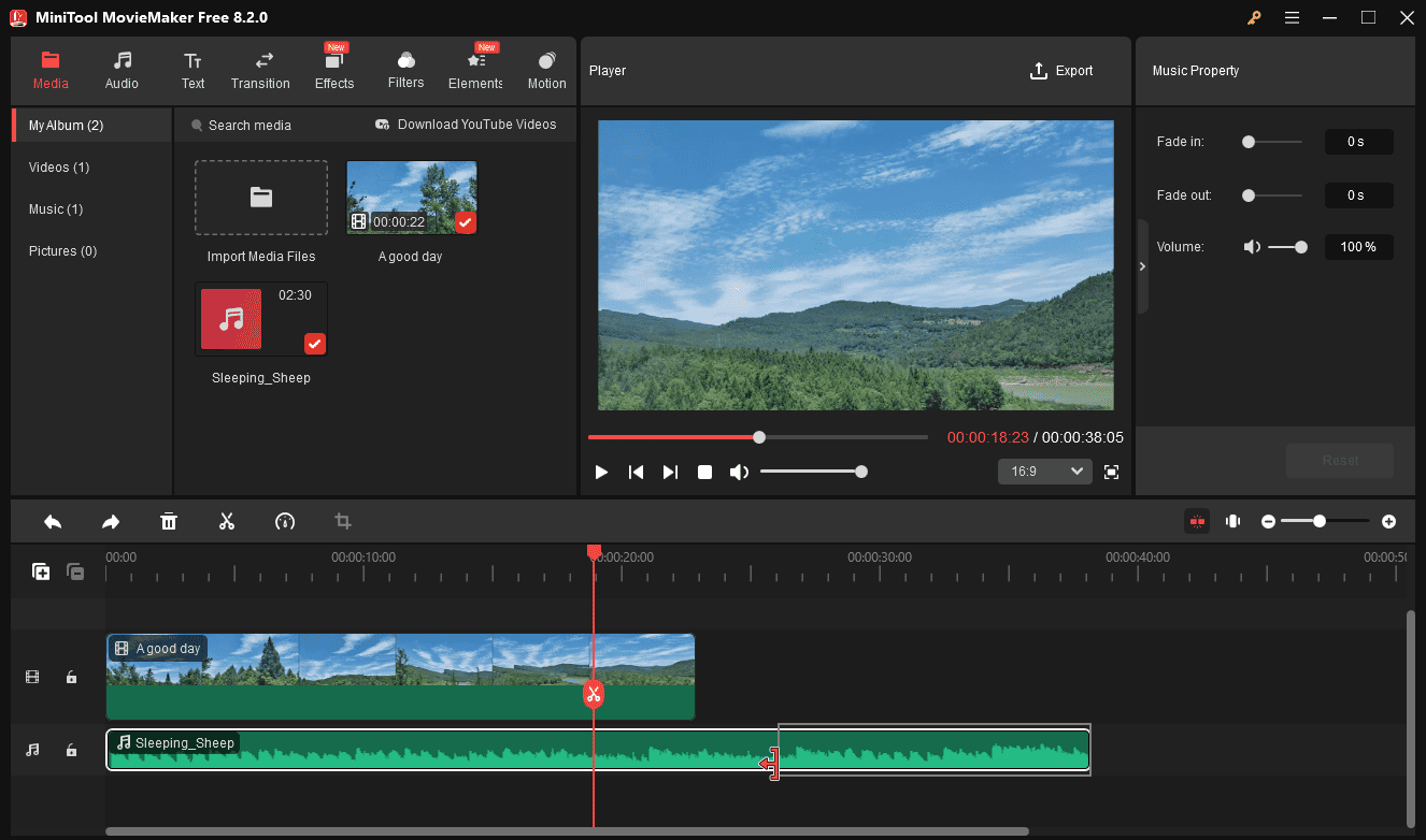 Trim the M4A audio in MiniTool MovieMaker