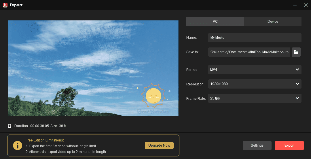 Export video from MiniTool MovieMaker