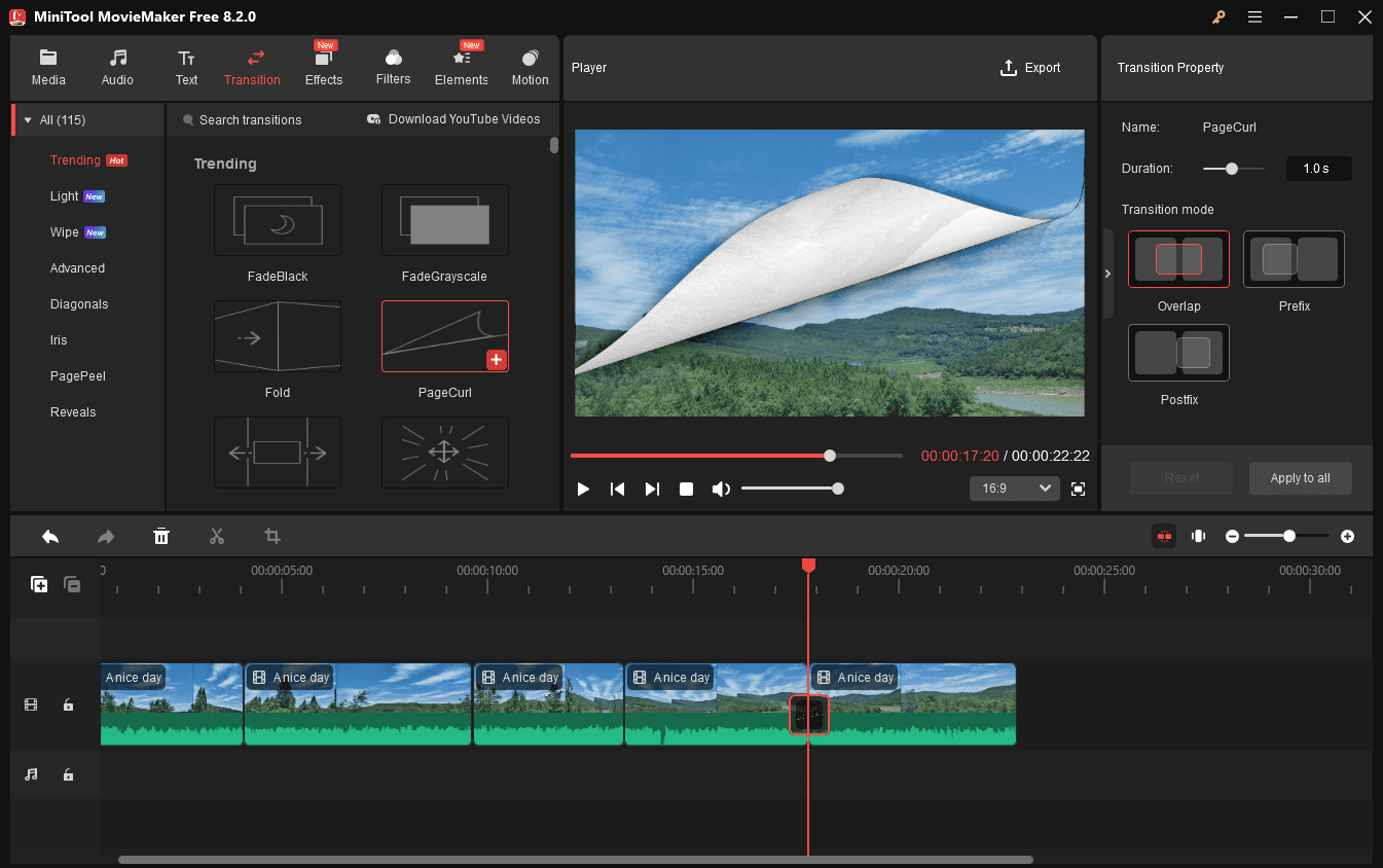 Add a transition between two video clips in MiniTool MovieMaker