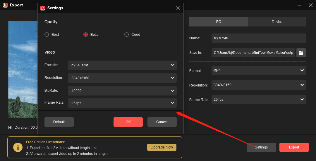 Export the video from MiniTool MovieMaker