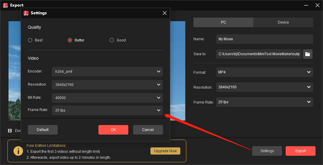 Export the video from MiniTool MovieMaker