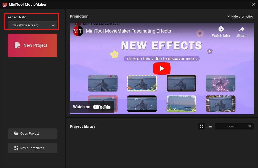 Wählen Sie ein Seitenverhältnis, bevor Sie ein Projekt in MiniTool MovieMaker erstellen