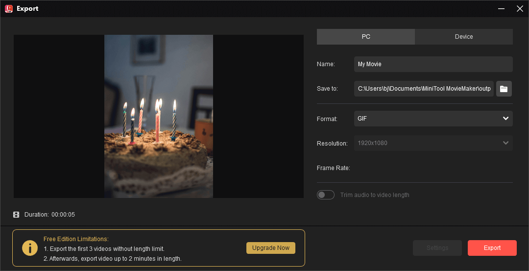 Exportieren des Bildes als GIF-Datei aus MiniTool MovieMaker