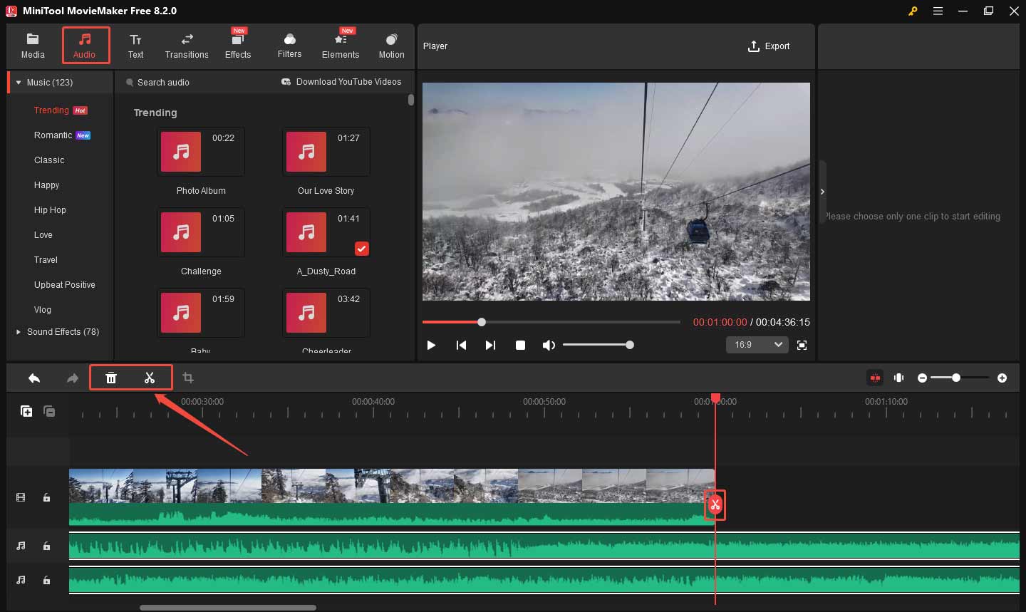 MiniTool MovieMakerでオーディオを分割するする