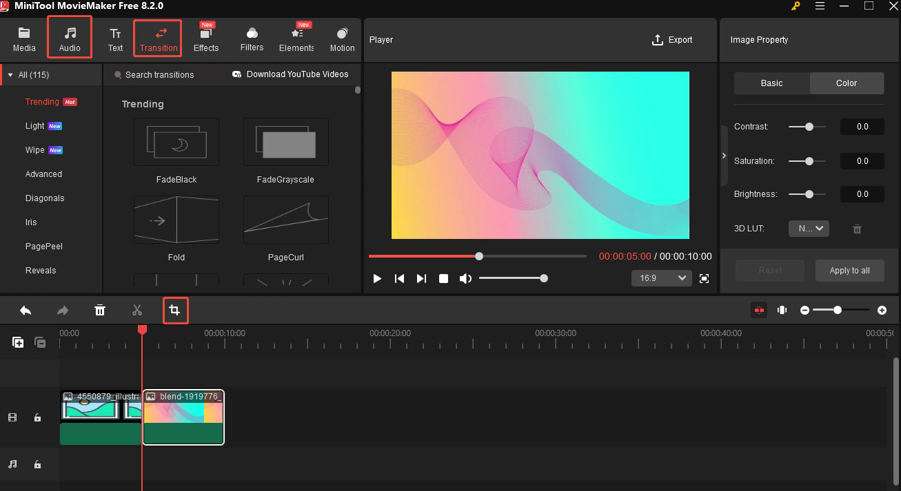 Crop, add transitions and music to the video in MiniTool MovieMaker