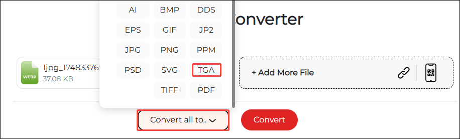 Click Convert All to and choose TGA