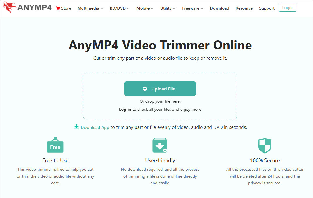 The page of AnyMP4 Video Trimmer Online